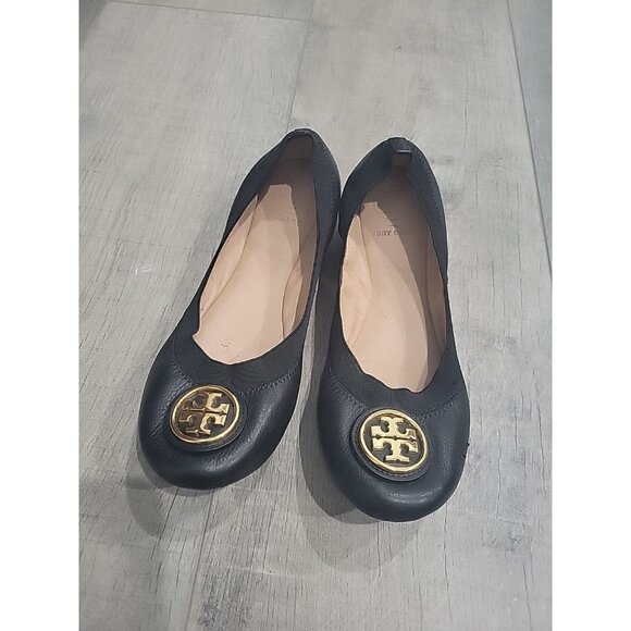 Tory Burch Caroline 2 Ballet Flats in Black Leather Gold Logo, Size 7 M - Picture 1 of 6